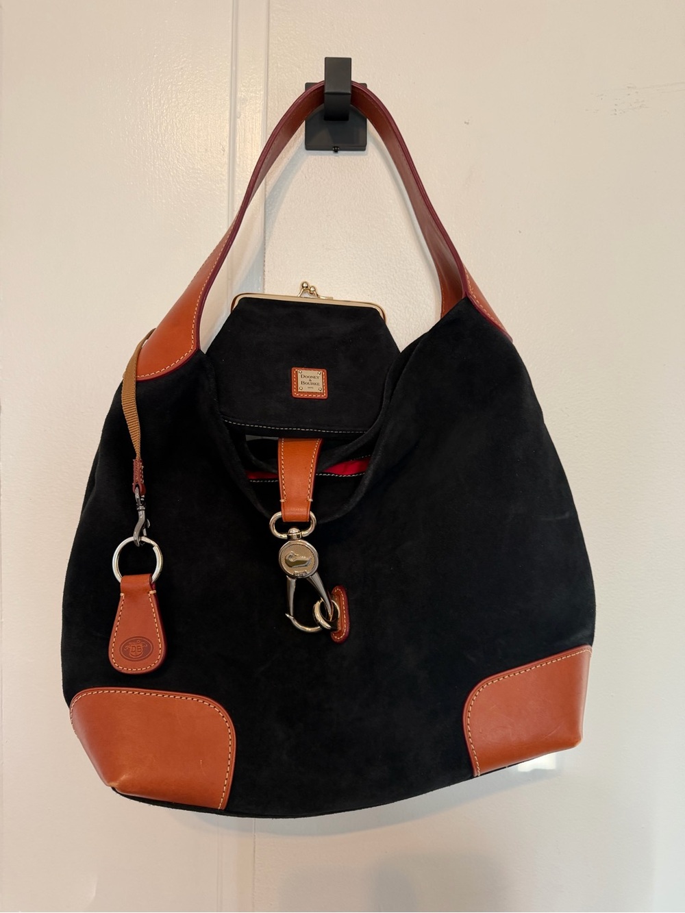 Dooney & Bourke Black Suede Hobo with Brown Leather Trim set of bag & coin bag